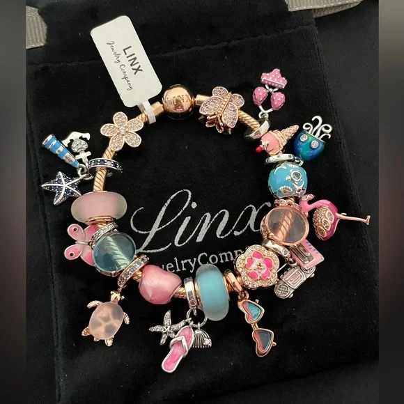 Linx Rose Gold Snake Chain Bracelet with Beach and Summer Themed Charms